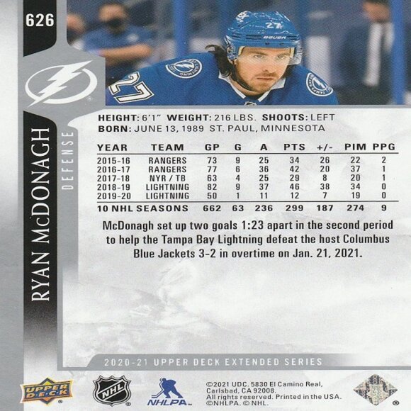 Ryan McDonagh - 2020/2021 Upper Deck Extended Series Hockey Card - Picture 2 of 2